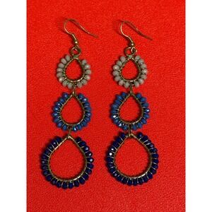 Boho Wire Wrapped Teardrop Faceted Beaded Earrings Tiered Blue Dangle Statement